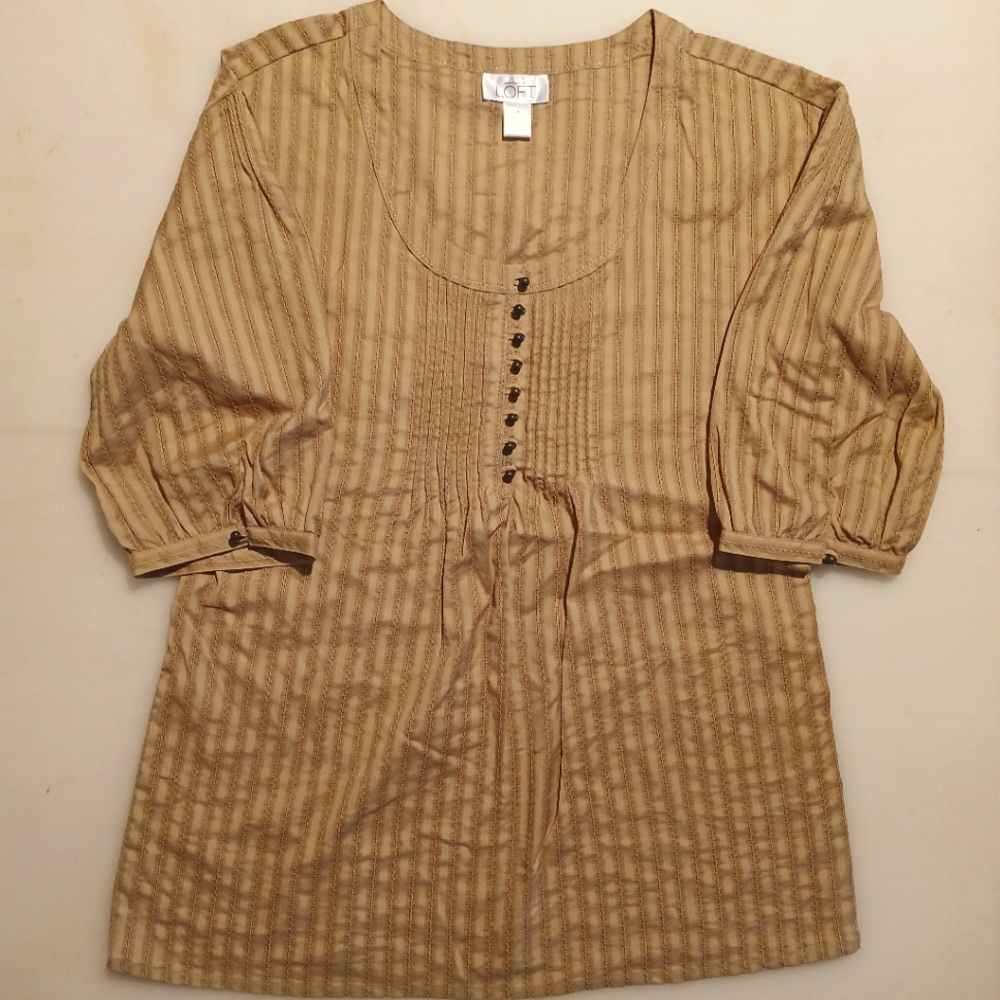 Ann Taylor Loft, sz 8, 100% cotton,  gold/lt gold, detailed stitches & gathering